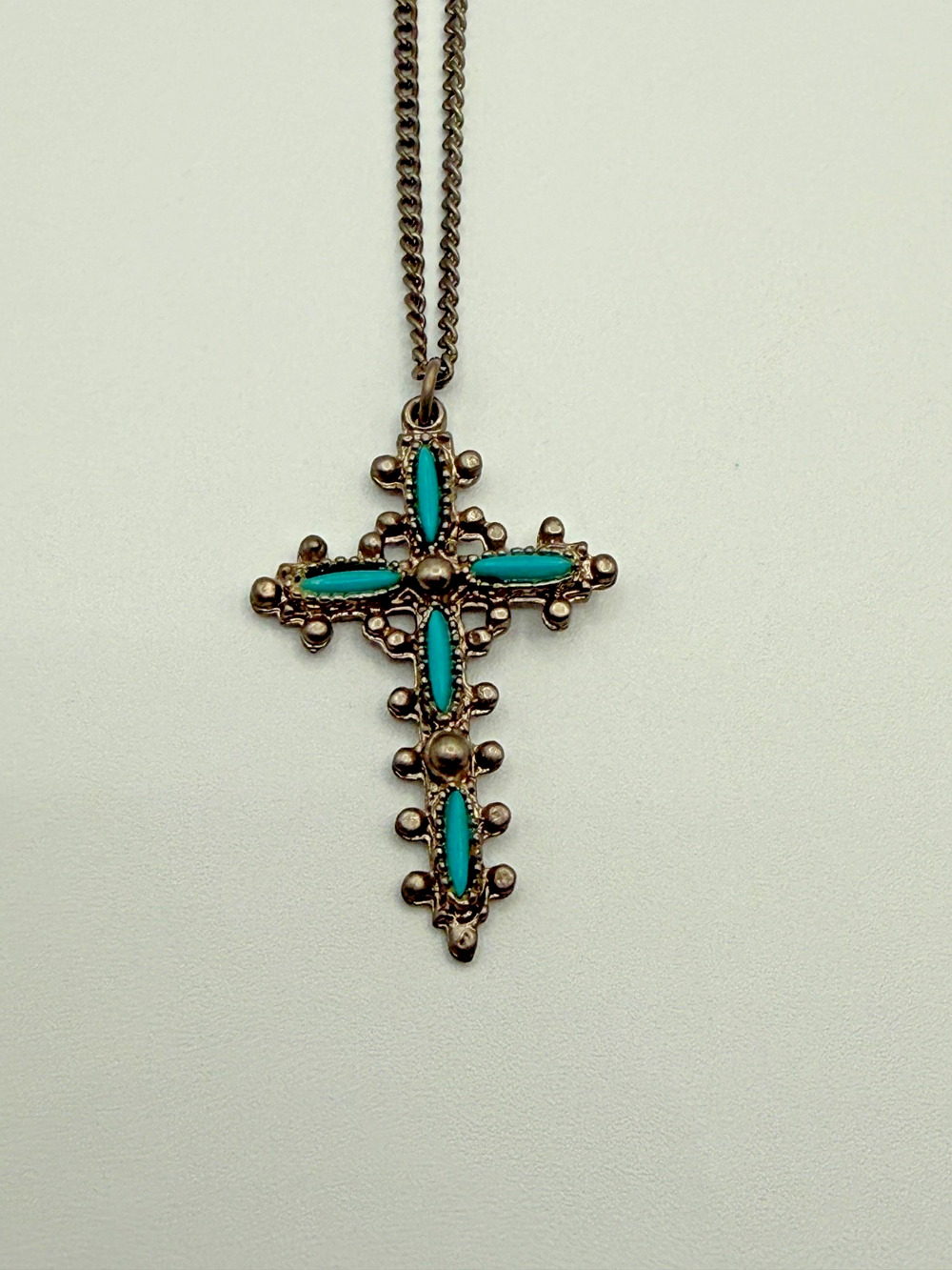 Vintage Southwestern Style Turquoise Color Cross Pendant Necklace Unmarked